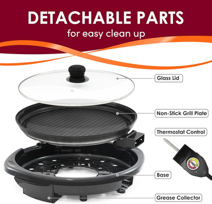 Electric Tabletop Grill with Glass Dome Lid and Nonstick Aluminum Plate, 14-Inch Cooking Surface
