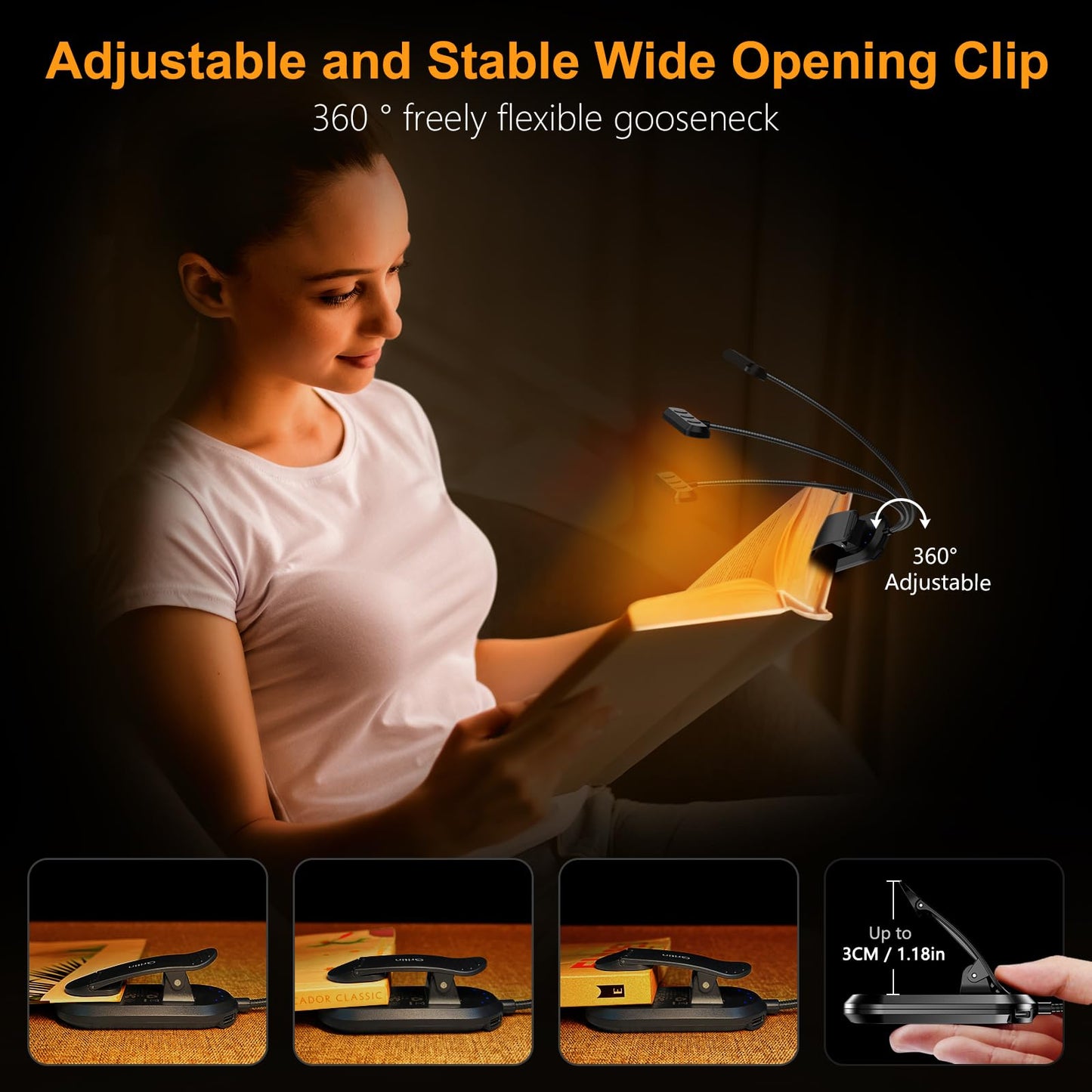 Book Light with Flexible Gooseneck and Wide Beam, USB-C Rechargeable