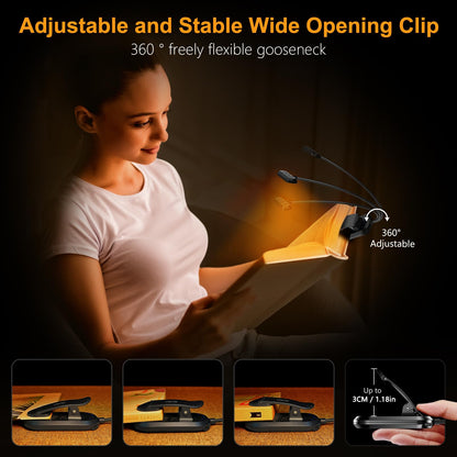Book Light with Flexible Gooseneck and Wide Beam, USB-C Rechargeable