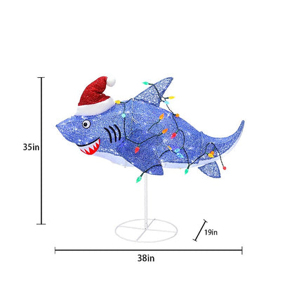 Lighted Shark Yard Decoration with Santa Hat and C6 Bulb String Lights for Christmas Lawns and Patios