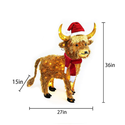 Lighted Highland Cow Yard Decoration with Santa Hat Scarf and Warm White LED Lights for Christmas Lawns