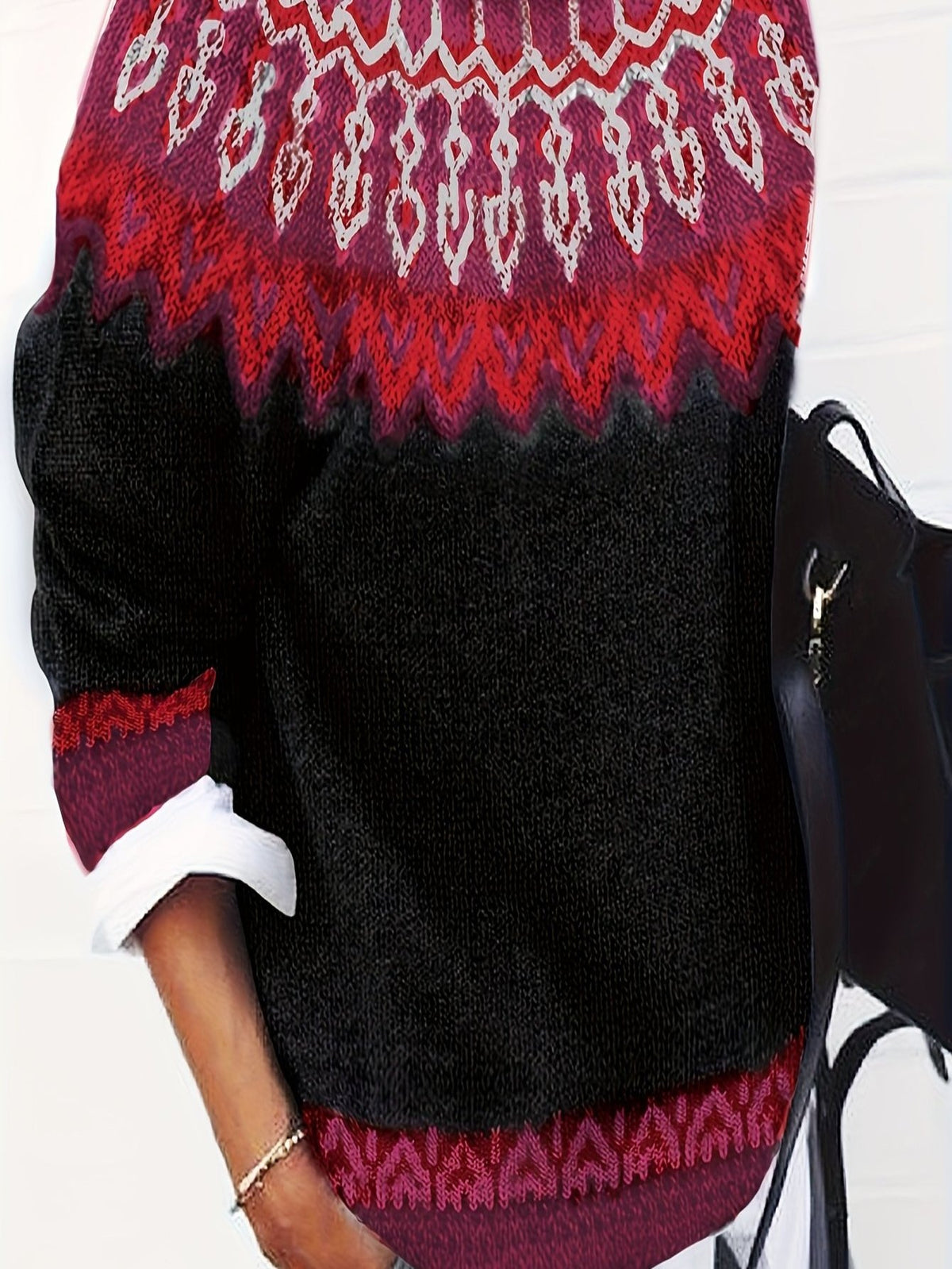 Womens Chunky Jacquard Round Neck Sweater with a Nature Inspired Pattern in Eight Colors