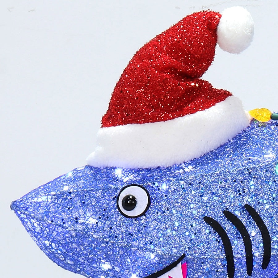 Lighted Shark Yard Decoration with Santa Hat and C6 Bulb String Lights for Christmas Lawns and Patios