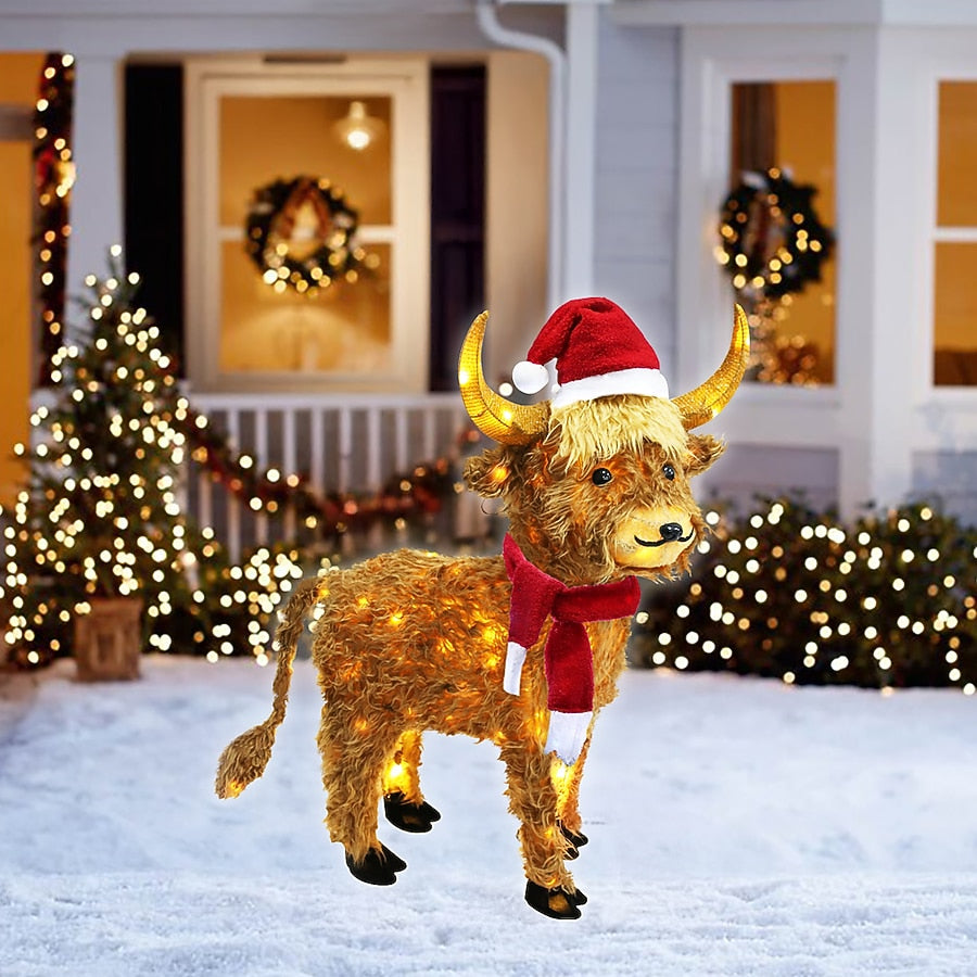 Lighted Highland Cow Yard Decoration with Santa Hat Scarf and Warm White LED Lights for Christmas Lawns