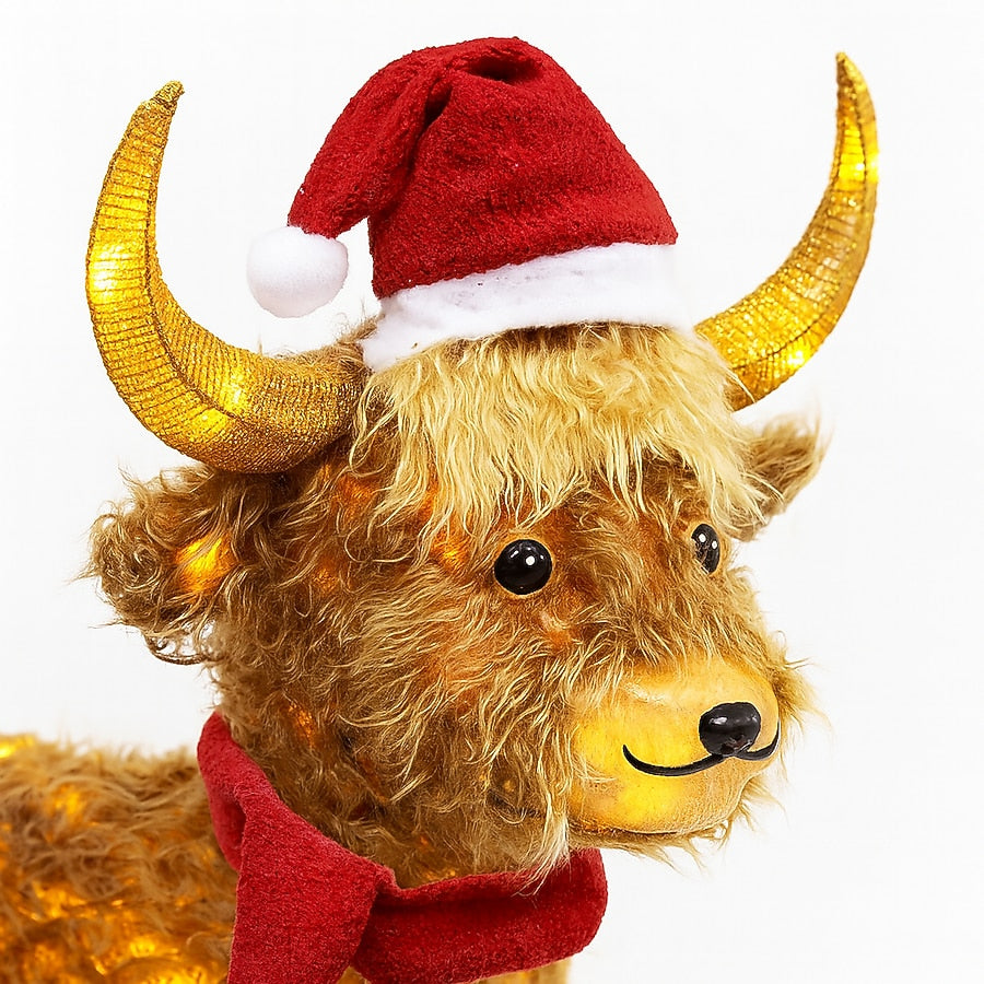 Lighted Highland Cow Yard Decoration with Santa Hat Scarf and Warm White LED Lights for Christmas Lawns