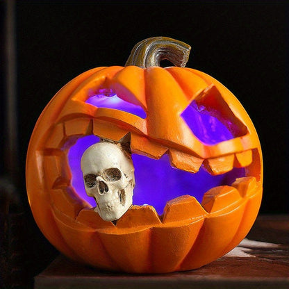 Carved Pumpkin with Skull Insert Halloween Ornament, Resin Freestanding Prop