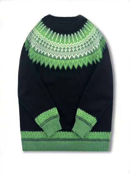 Womens Chunky Jacquard Round Neck Sweater with a Nature Inspired Pattern in Eight Colors