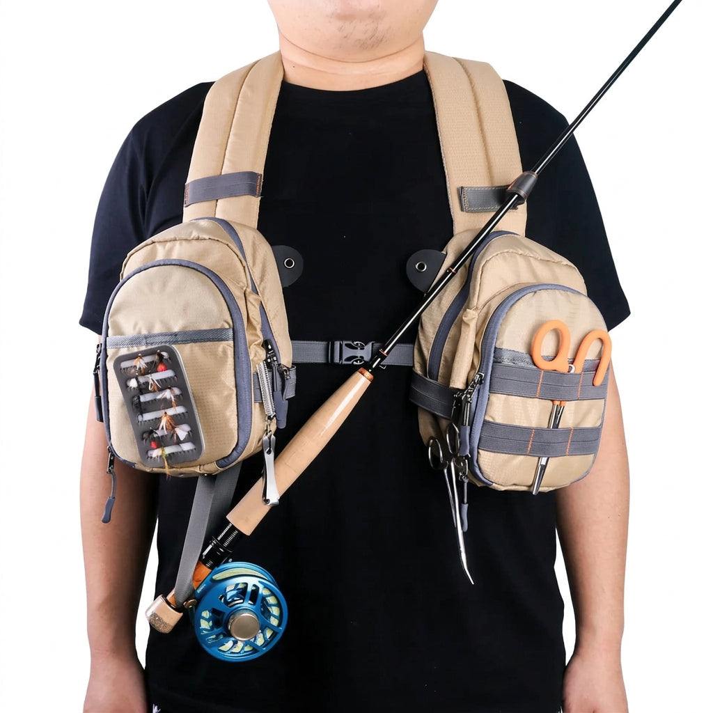 Fly Fishing Chest Bag with Zippered Compartments and Tool Loops