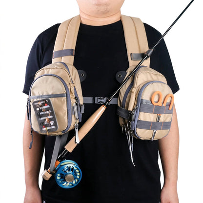 Fly Fishing Chest Bag with Zippered Compartments and Tool Loops