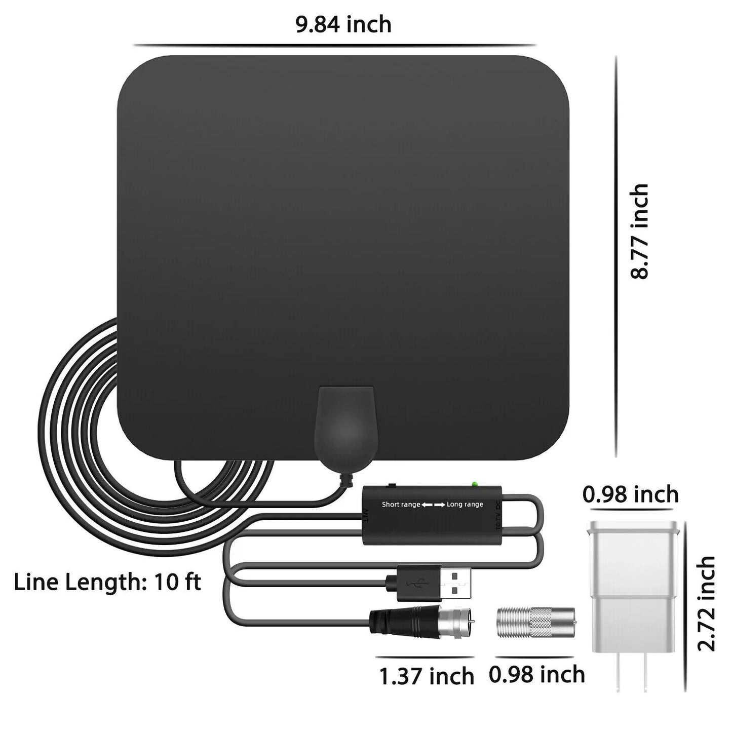 Indoor HDTV Antenna with 37dB Signal Amplifier and 10ft Cable, 300 Mile Range