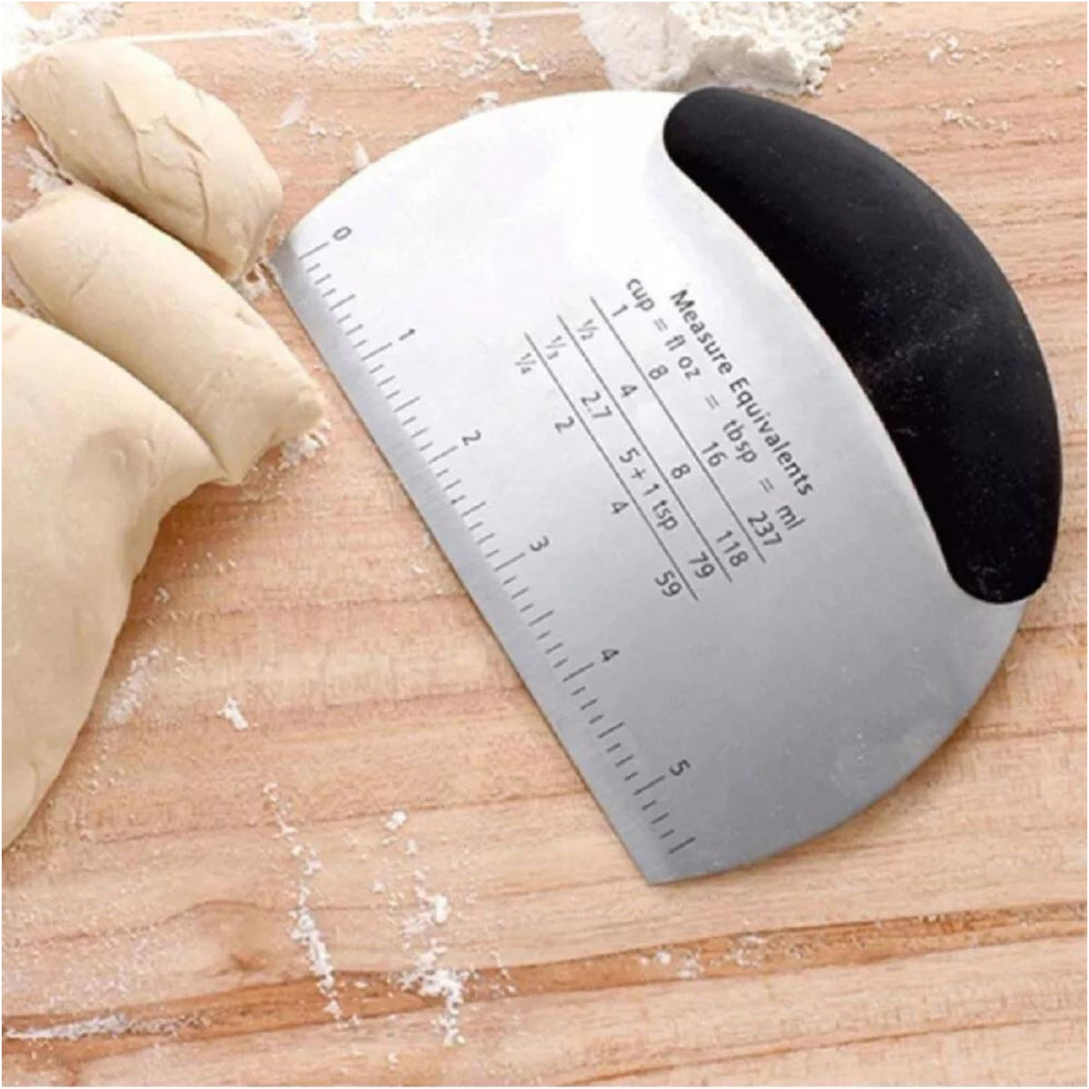 Stainless Steel Dough Scraper with Etched Measurement Markings and Handle