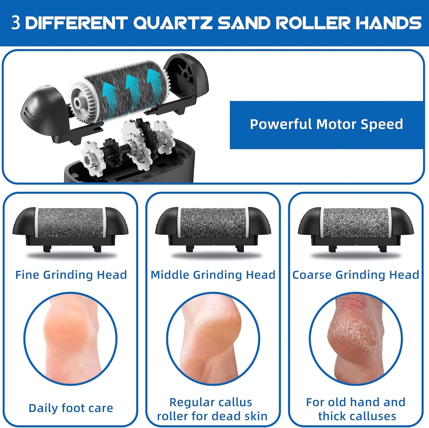 Foot Callus Remover with Quartz Roller Heads and LED Light, 16-Piece Pedicure Kit