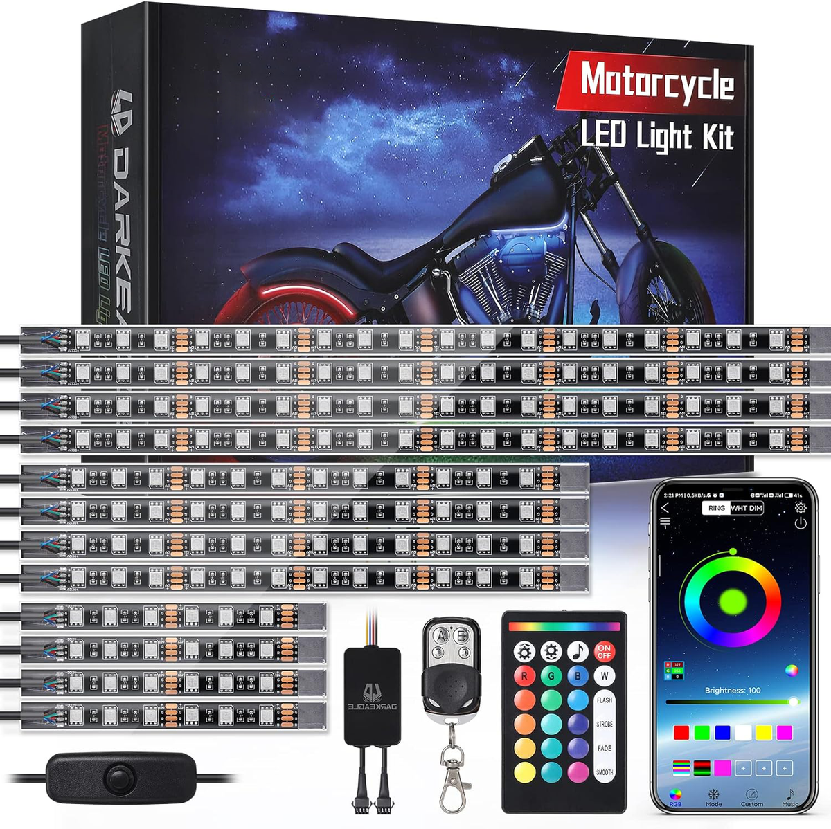 LED Motorcycle Light Strips with Brake Signal Integration and Dual Remote Control