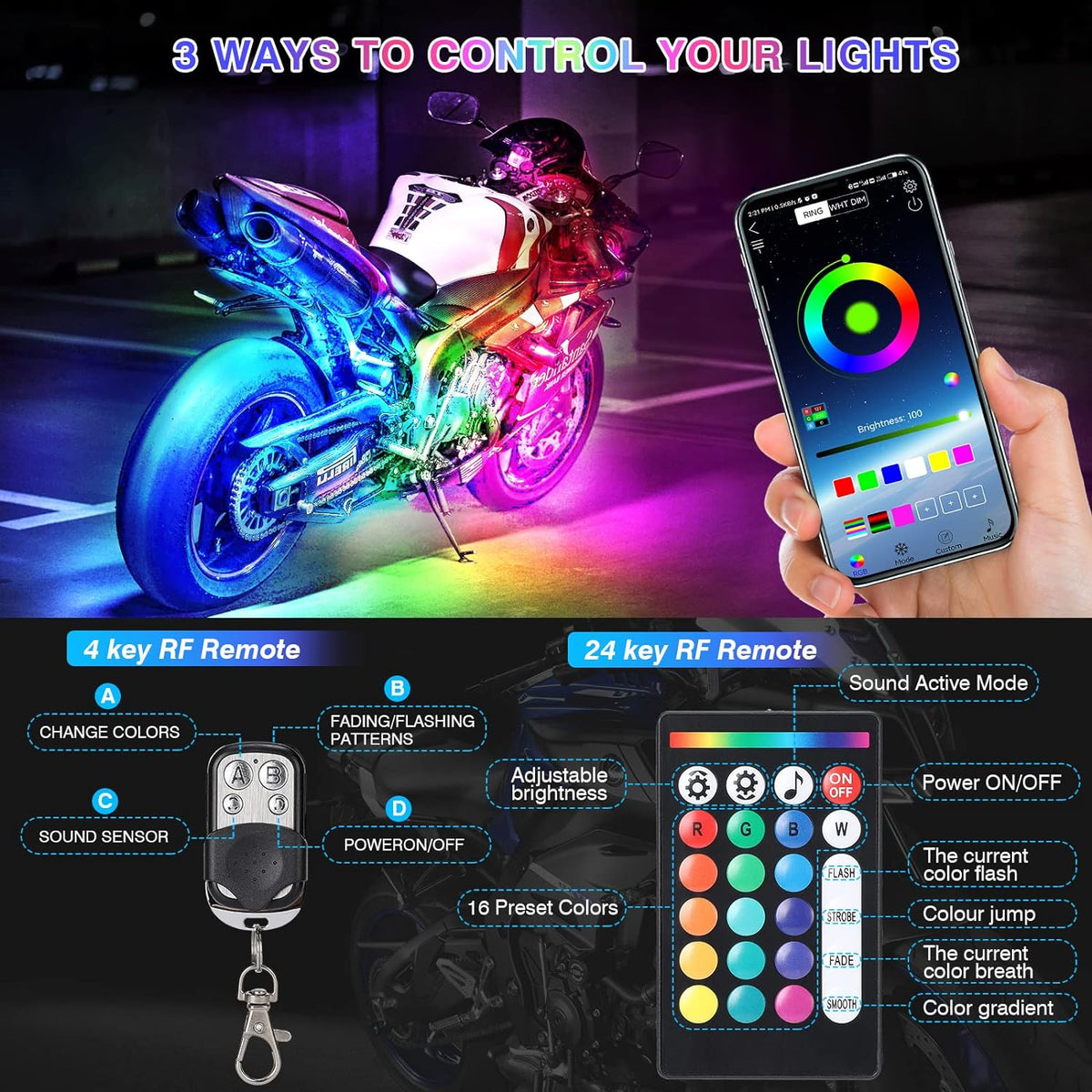 LED Motorcycle Light Strips with Brake Signal Integration and Dual Remote Control