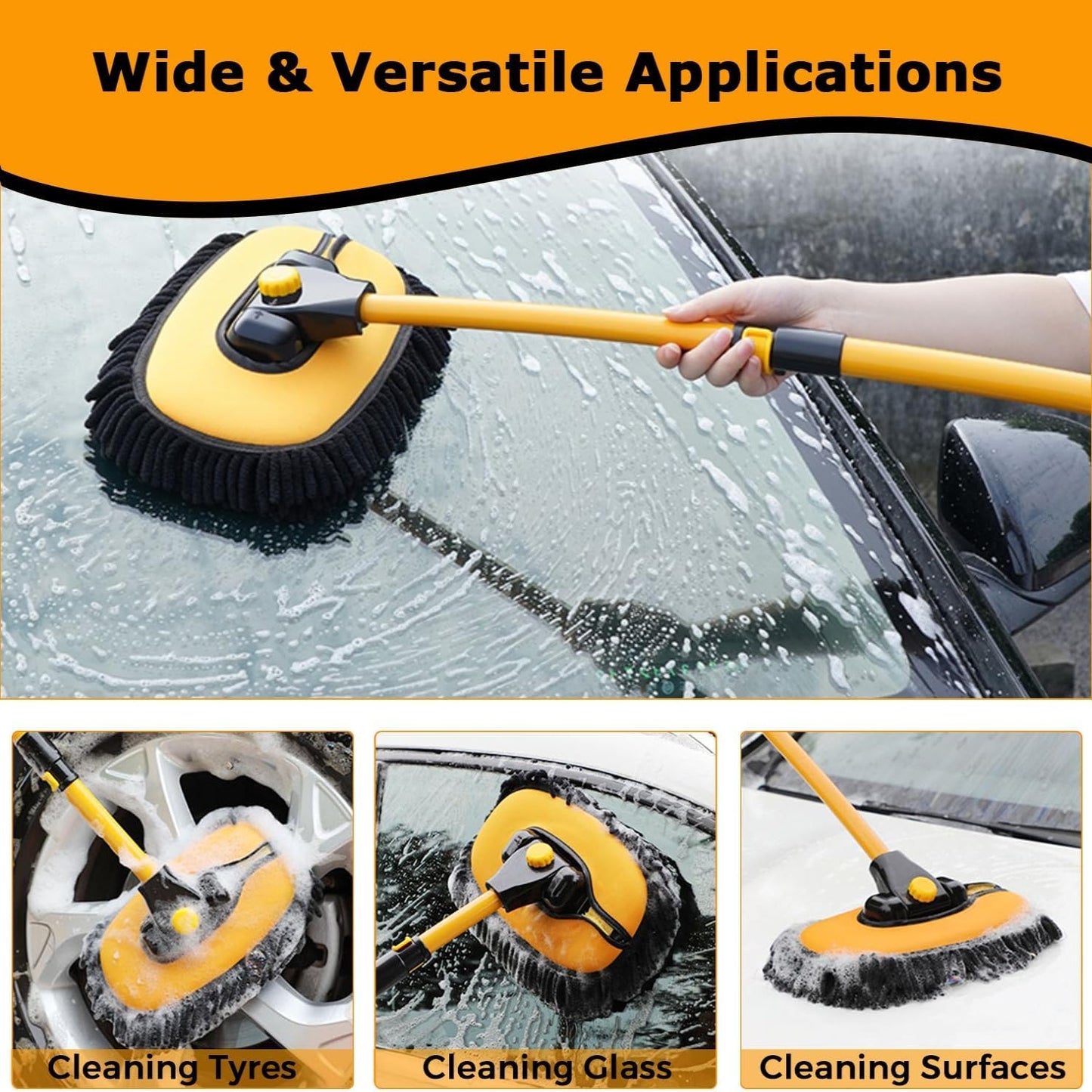 Car Wash Brush with 90-Degree Rotating Head and Telescopic Pole, 19.69-40.16 Inches