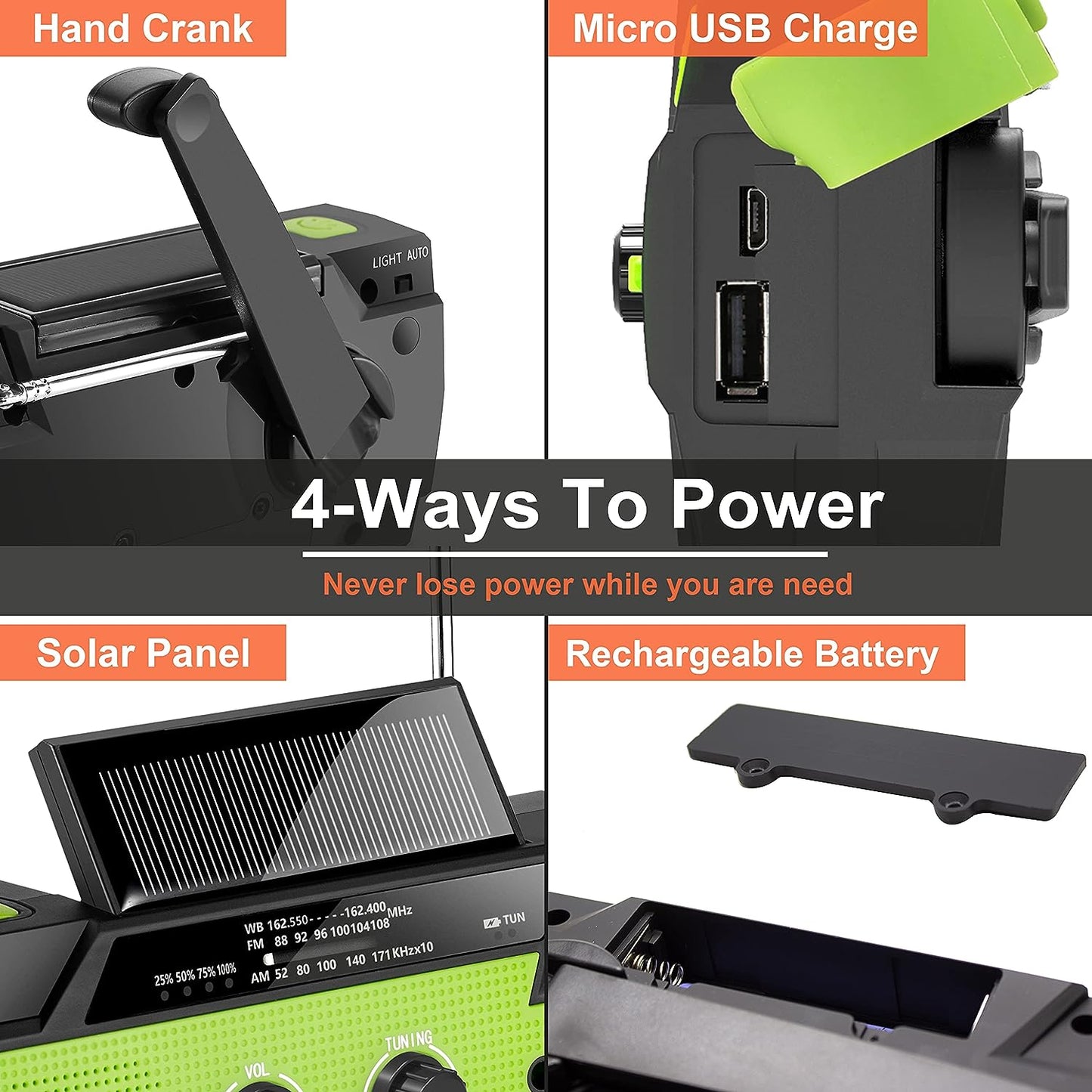Emergency Weather Radio with Hand Crank and Solar Panel, 4000mAh Battery