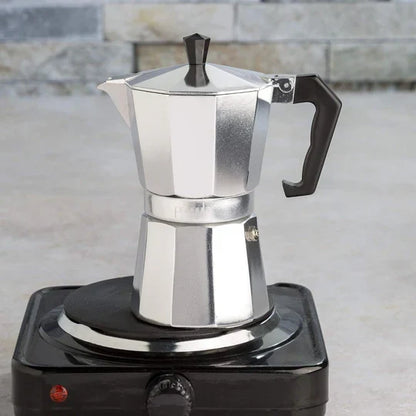 Six Cup Stovetop Moka Pot with Heat Resistant Handle and Non Drip Spout