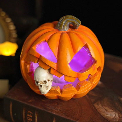 Carved Pumpkin with Skull Insert Halloween Ornament, Resin Freestanding Prop
