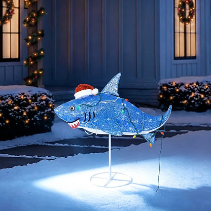 Lighted Shark Yard Decoration with Santa Hat and C6 Bulb String Lights for Christmas Lawns and Patios