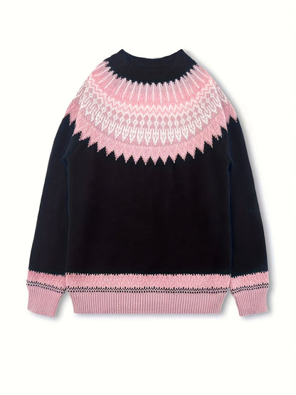Womens Chunky Jacquard Round Neck Sweater with a Nature Inspired Pattern in Eight Colors