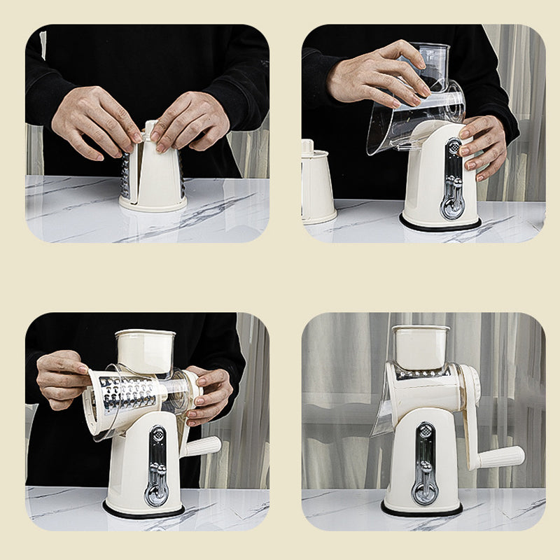 Rotary Food Shredder with Interchangeable Drums and Suction Base, Hand Crank