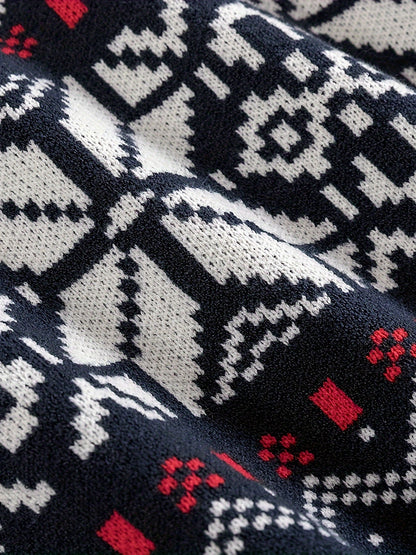 Mens Nordic Snowflake Knit Sweater with Ribbed Cuffs and Hem and a Round Neck in Navy