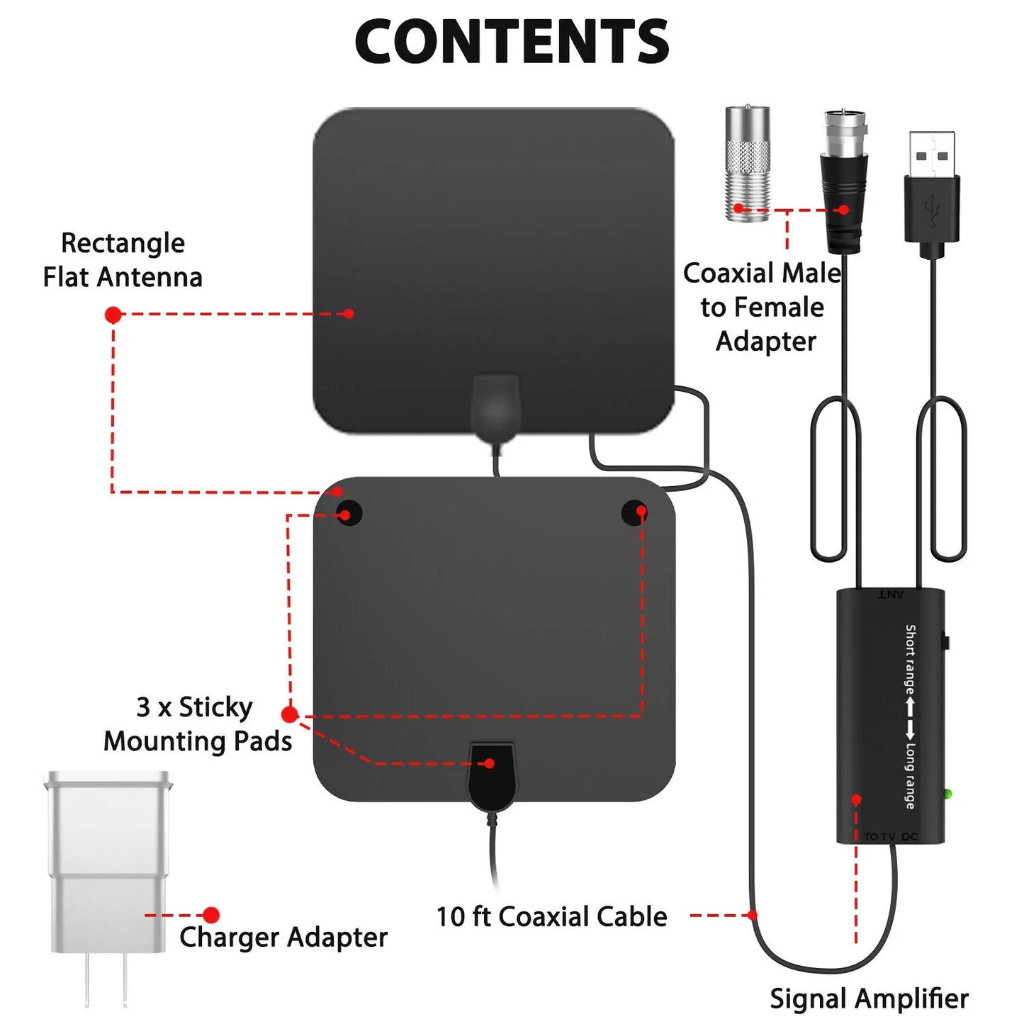 Indoor HDTV Antenna with 37dB Signal Amplifier and 10ft Cable, 300 Mile Range