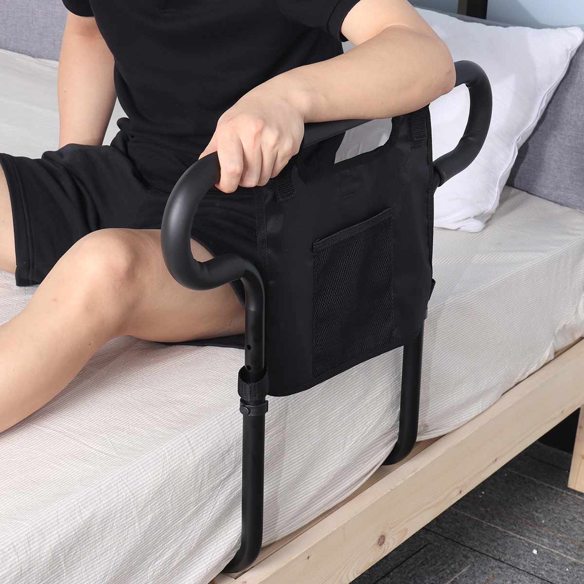 Bed Rail with Storage Pouch and Roll Prevention Barrier for Senior Mobility