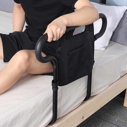 Bed Rail with Storage Pouch and Roll Prevention Barrier for Senior Mobility