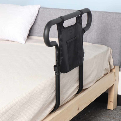 Bed Rail with Storage Pouch and Roll Prevention Barrier for Senior Mobility