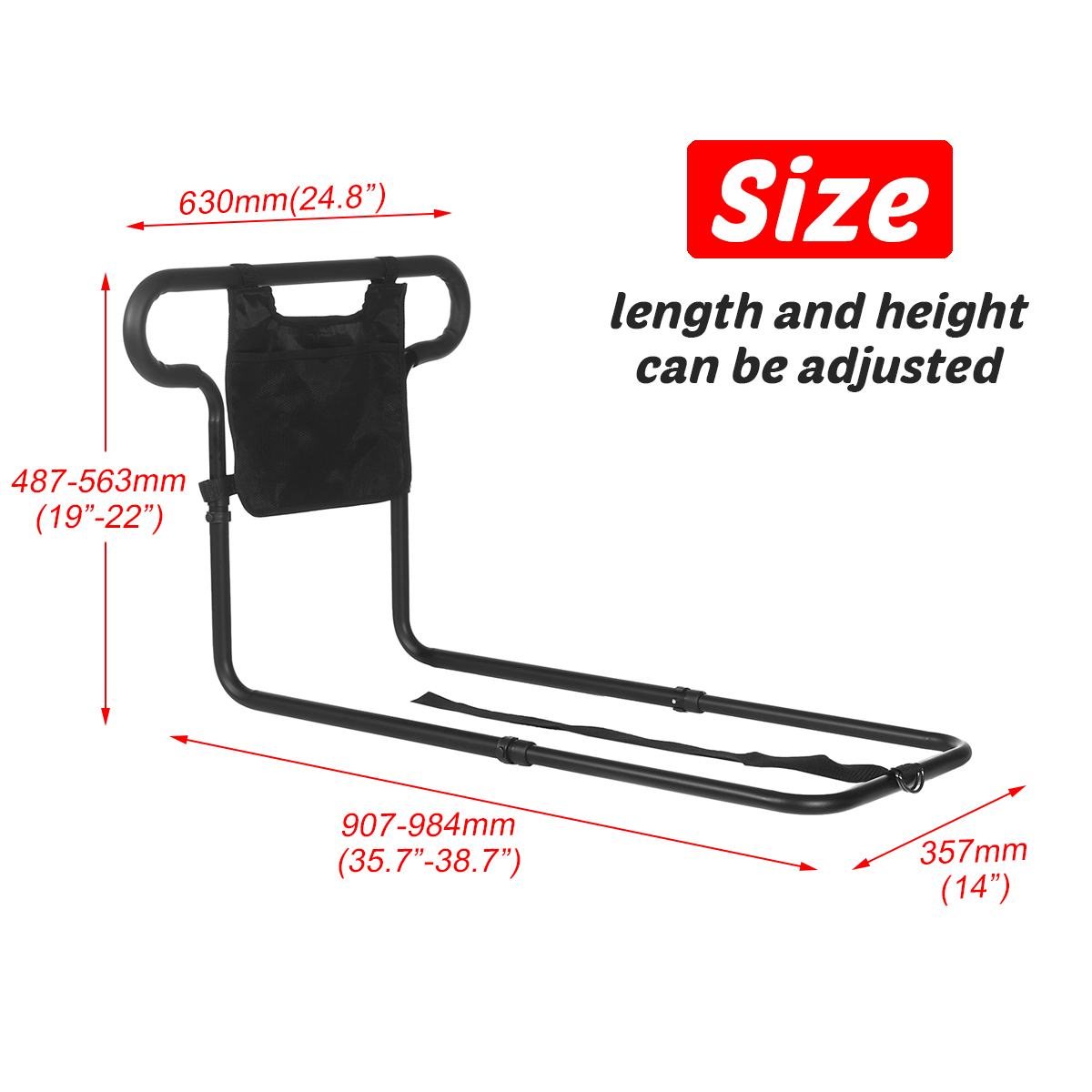 Bed Rail with Storage Pouch and Roll Prevention Barrier for Senior Mobility