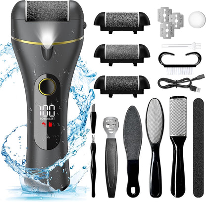 Foot Callus Remover with Quartz Roller Heads and LED Light, 16-Piece Pedicure Kit