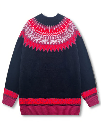 Womens Chunky Jacquard Round Neck Sweater with a Nature Inspired Pattern in Eight Colors