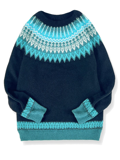 Womens Chunky Jacquard Round Neck Sweater with a Nature Inspired Pattern in Eight Colors