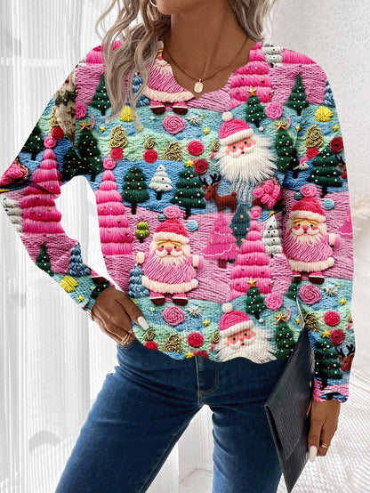 Christmas Pullover Sweater with Multicolor Holiday Pattern and Scalloped Hem