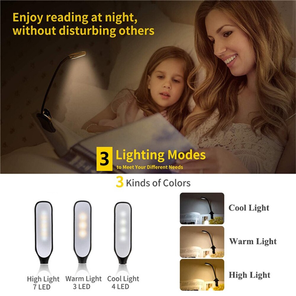 Rechargeable Reading Lamp with Adjustable Brightness and Three Color Modes, Book Clamp