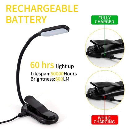 Rechargeable Reading Lamp with Adjustable Brightness and Three Color Modes, Book Clamp