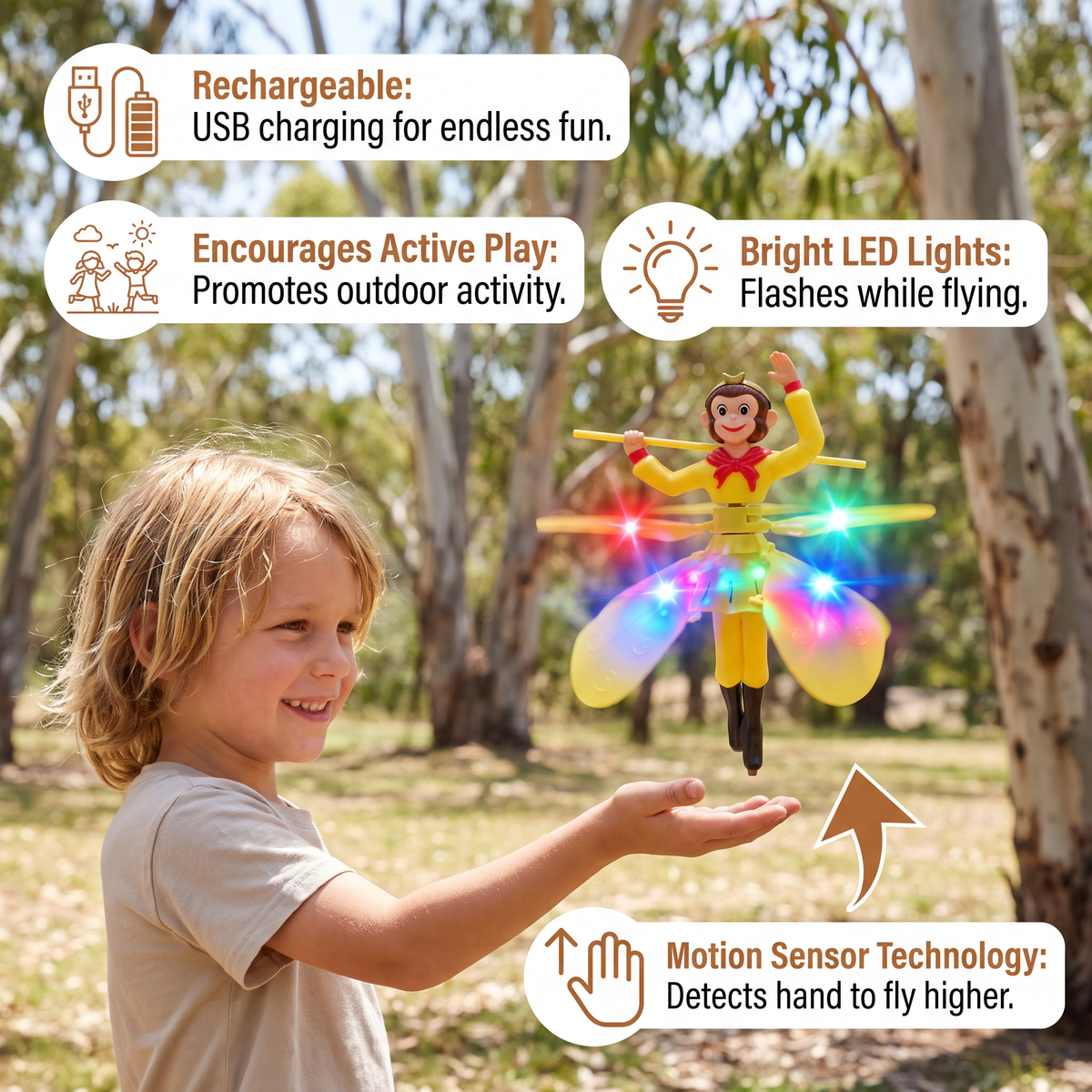 Hand Gesture Controlled Flying Monkey with Motion Sensor and LED Lights