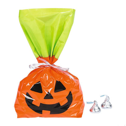 Large Jack O Lantern Cellophane Bags Pack of 50 with Orange and Green Design for Halloween Treats