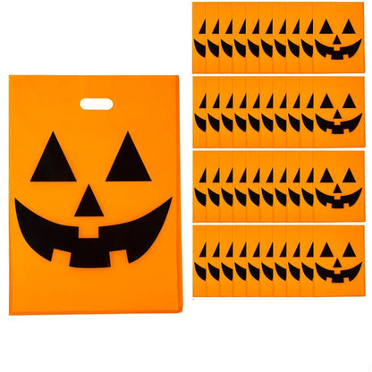 Large Orange Plastic Goody Bags Pack of 50 with Jack O Lantern Face for Halloween Candy Hauls
