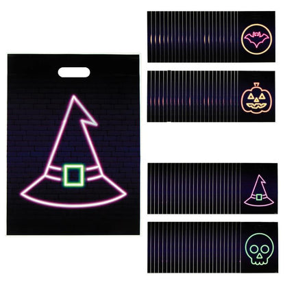 Neon Halloween Plastic Goody Bags Pack of 100 in Four Designs with Cutout Handles for Party Favors