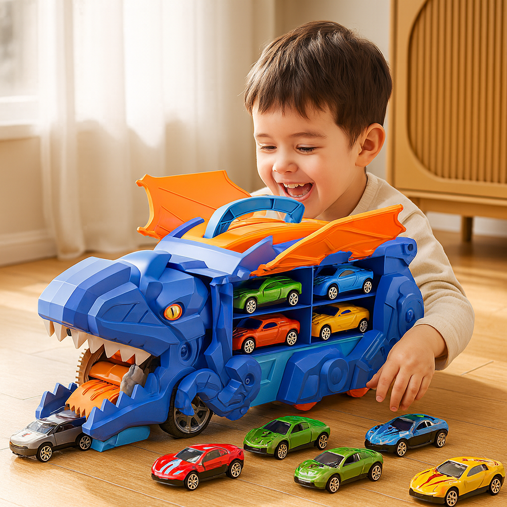 Transforming Dinosaur Truck with Car Slide Track and LED Lights