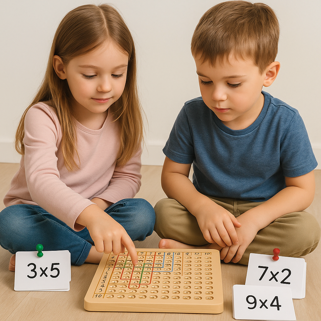 Wooden Math Learning Game with Number Chips and Visual Board for Counting, Addition and Multiplication