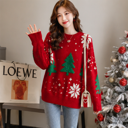 Women's Color Block Pullover with Snowflake Knit and Crew Neck, Red White Blue