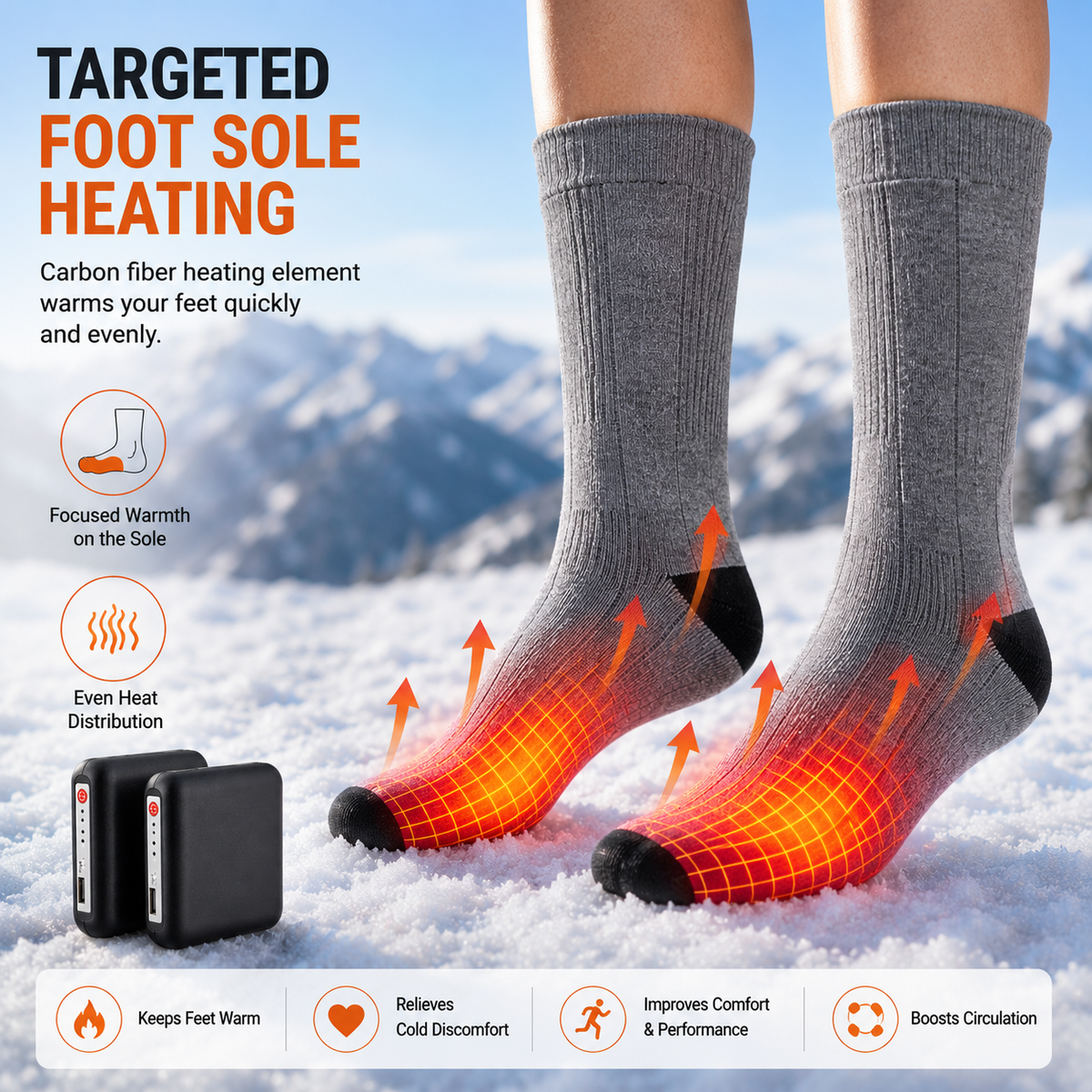 Rechargeable Heated Socks with Carbon Fiber Sole and Three Temperature Modes