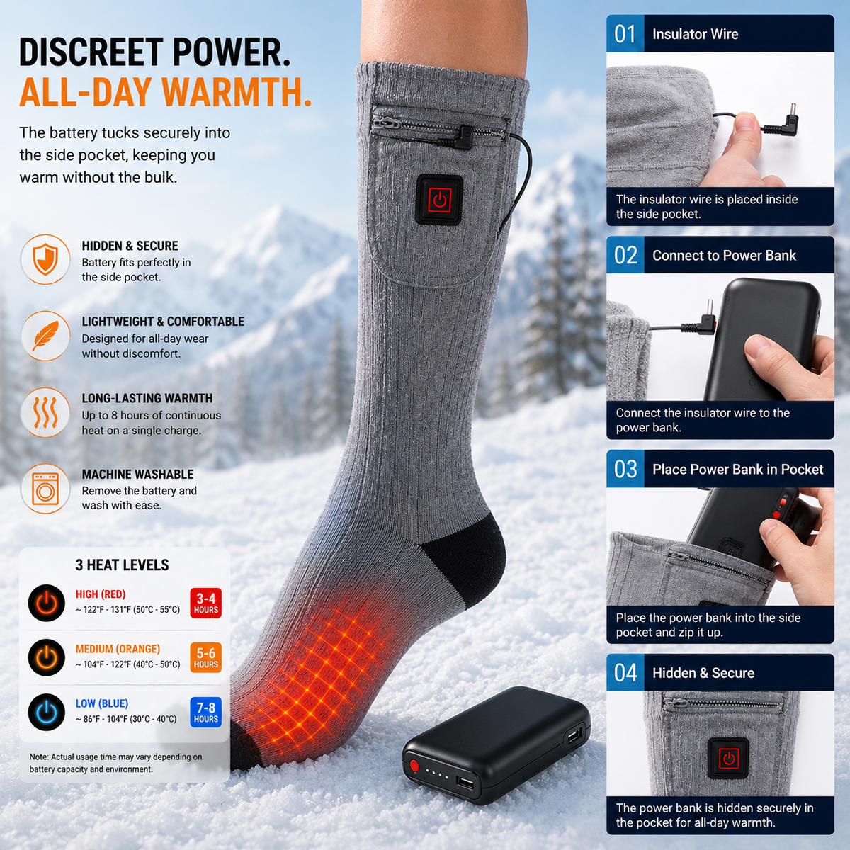 Rechargeable Heated Socks with Carbon Fiber Sole and Three Temperature Modes