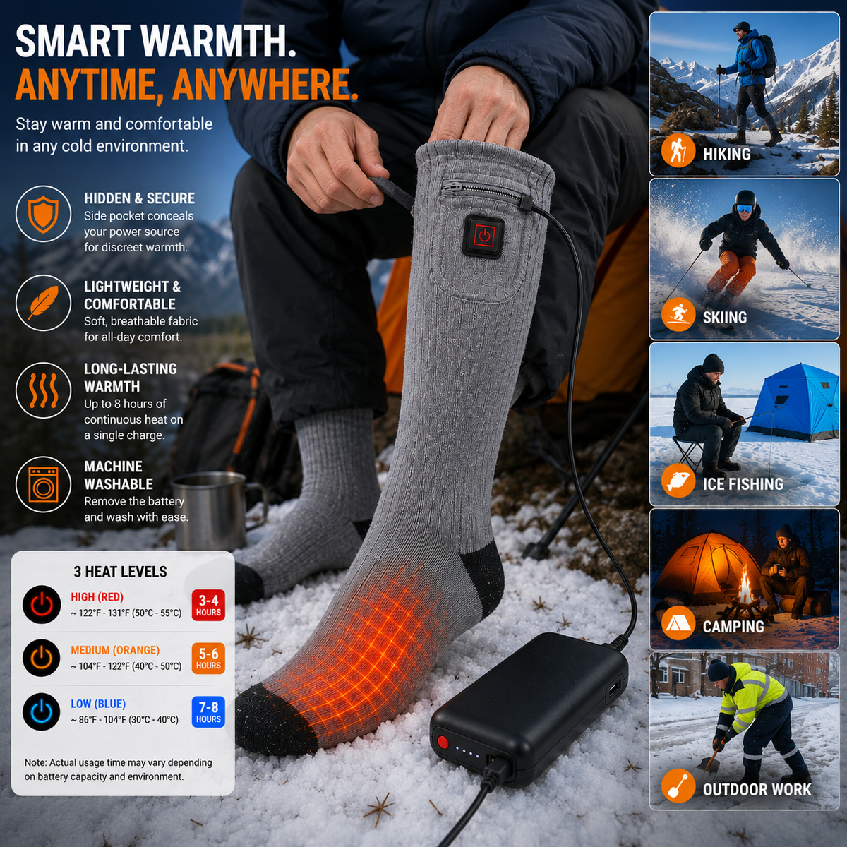 Rechargeable Heated Socks with Carbon Fiber Sole and Three Temperature Modes