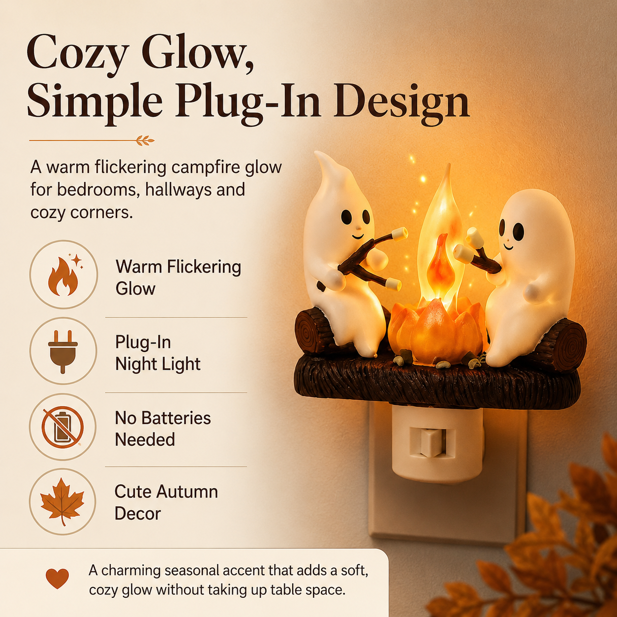 Ghost Campfire Night Light with Flickering Amber Glow and Wall Plug