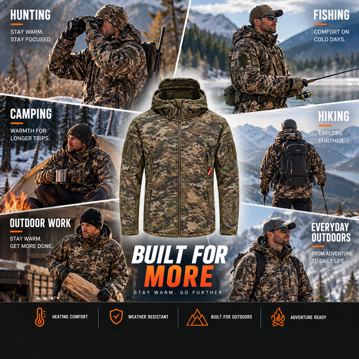 Heated Outdoor Jacket with 7 Zones and Camouflage Pattern, Power Bank Compatible