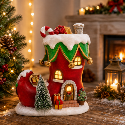 Lighted Boot House with Molded Holiday Details for Village Displays
